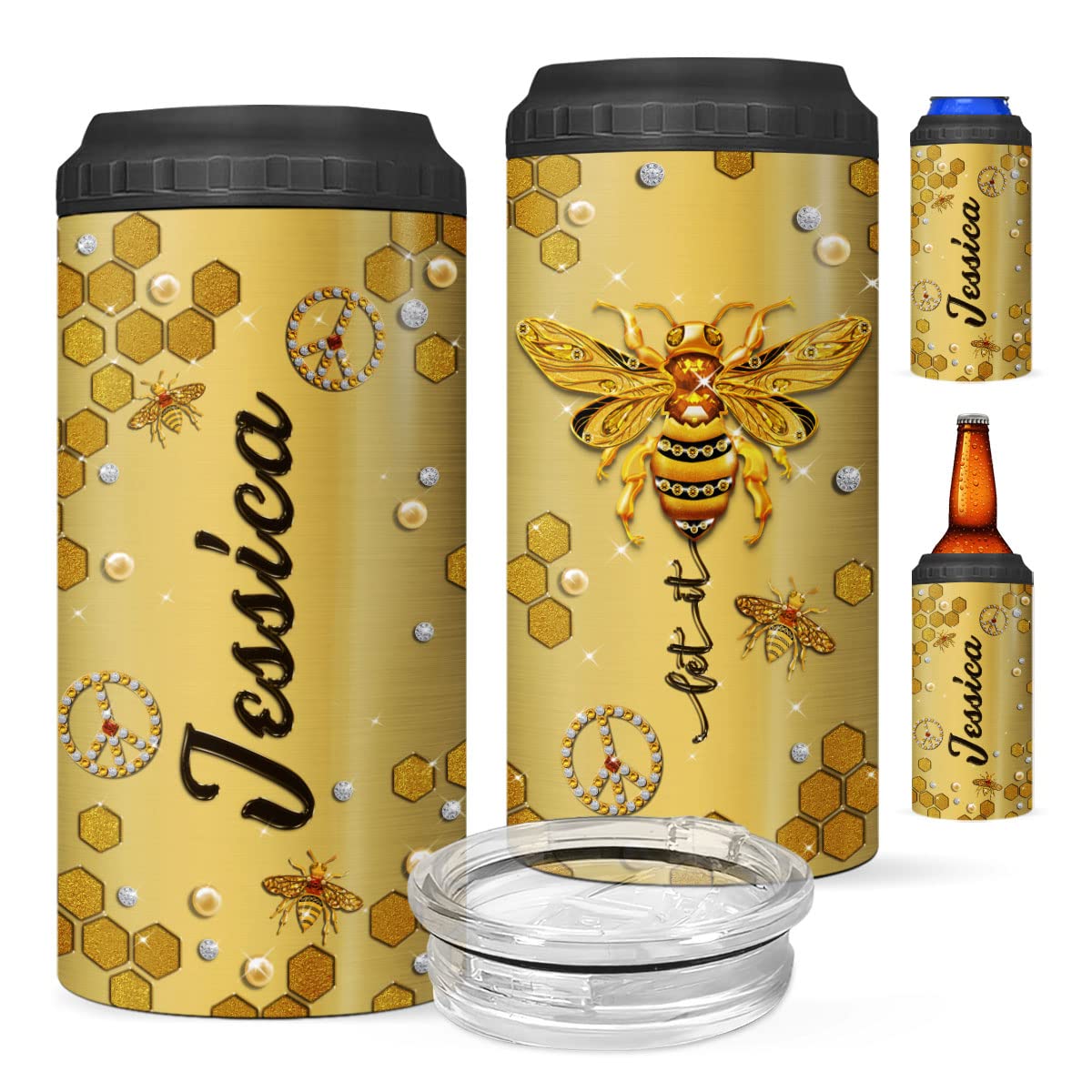 ZOXIX Personalized Can Cooler Let It Bee Gifts For Bee Lovers Women Jewelry Style Stainless Steel Tumbler Insulated Can Holder Travel Cup 16 Oz 4-in-1 Hippie Bee Themed Items