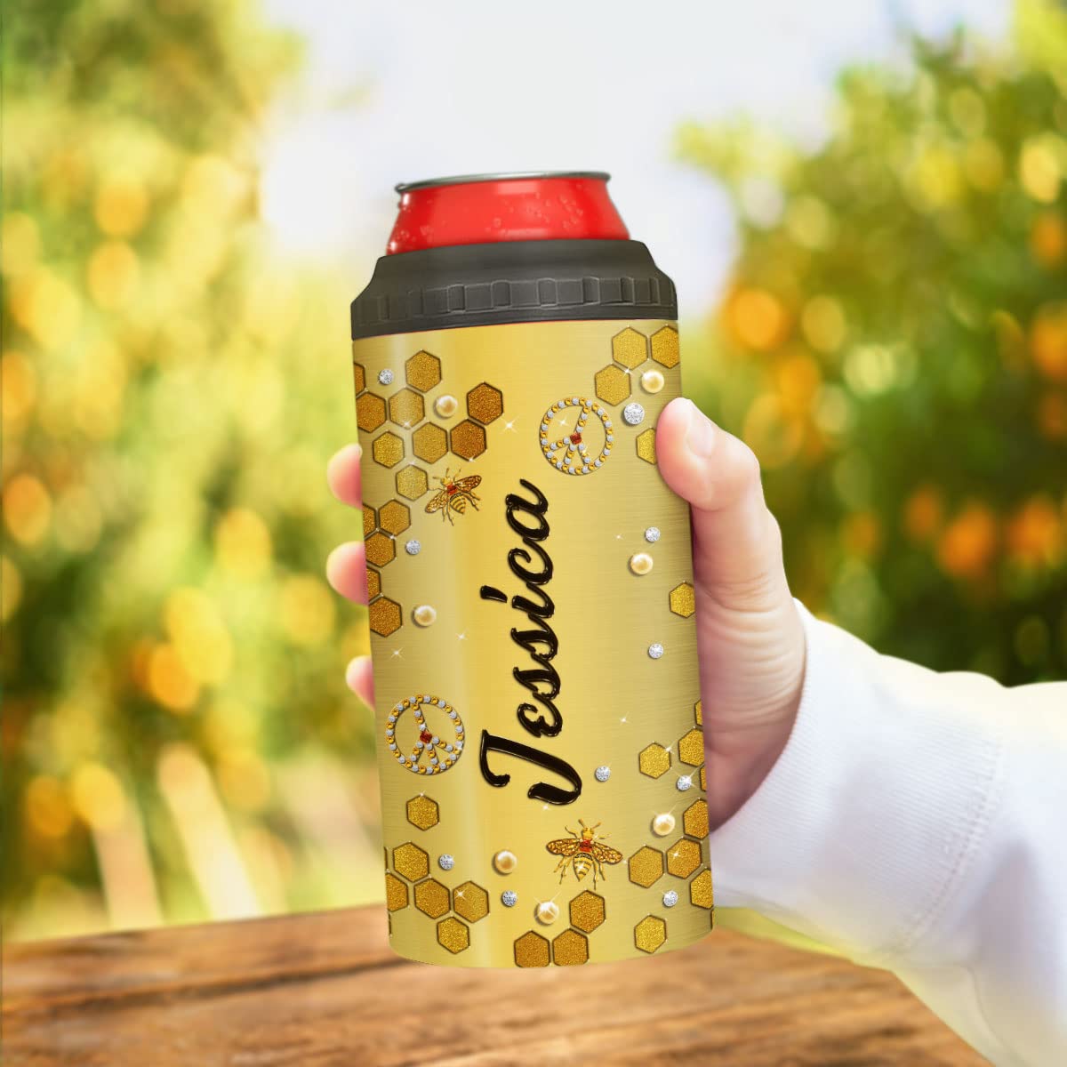 ZOXIX Personalized Can Cooler Let It Bee Gifts For Bee Lovers Women Jewelry Style Stainless Steel Tumbler Insulated Can Holder Travel Cup 16 Oz 4-in-1 Hippie Bee Themed Items