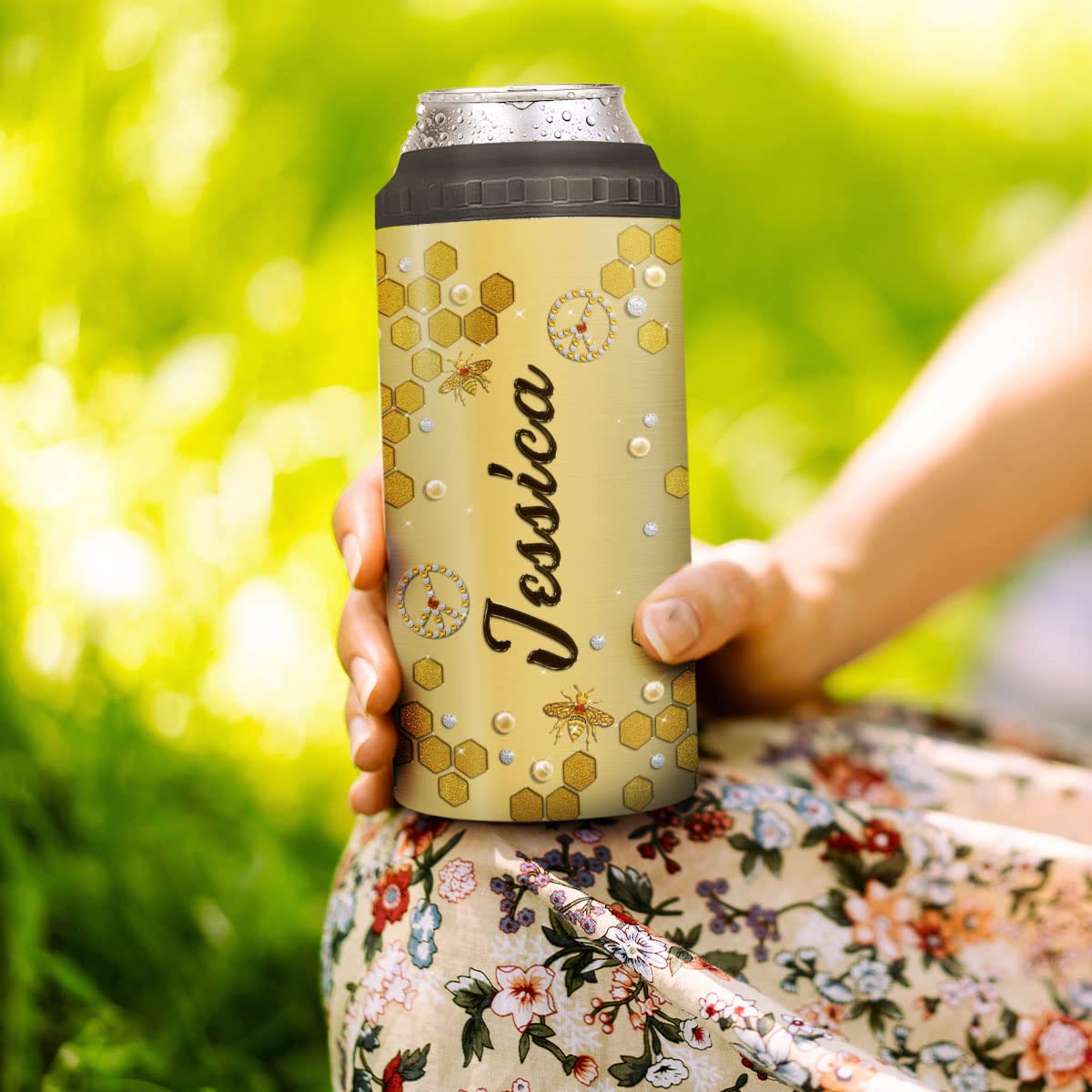 ZOXIX Personalized Can Cooler Let It Bee Gifts For Bee Lovers Women Jewelry Style Stainless Steel Tumbler Insulated Can Holder Travel Cup 16 Oz 4-in-1 Hippie Bee Themed Items