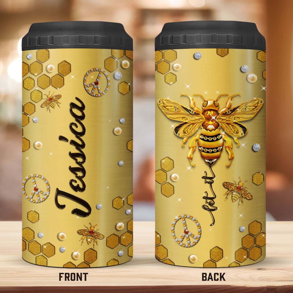 ZOXIX Personalized Can Cooler Let It Bee Gifts For Bee Lovers Women Jewelry Style Stainless Steel Tumbler Insulated Can Holder Travel Cup 16 Oz 4-in-1 Hippie Bee Themed Items