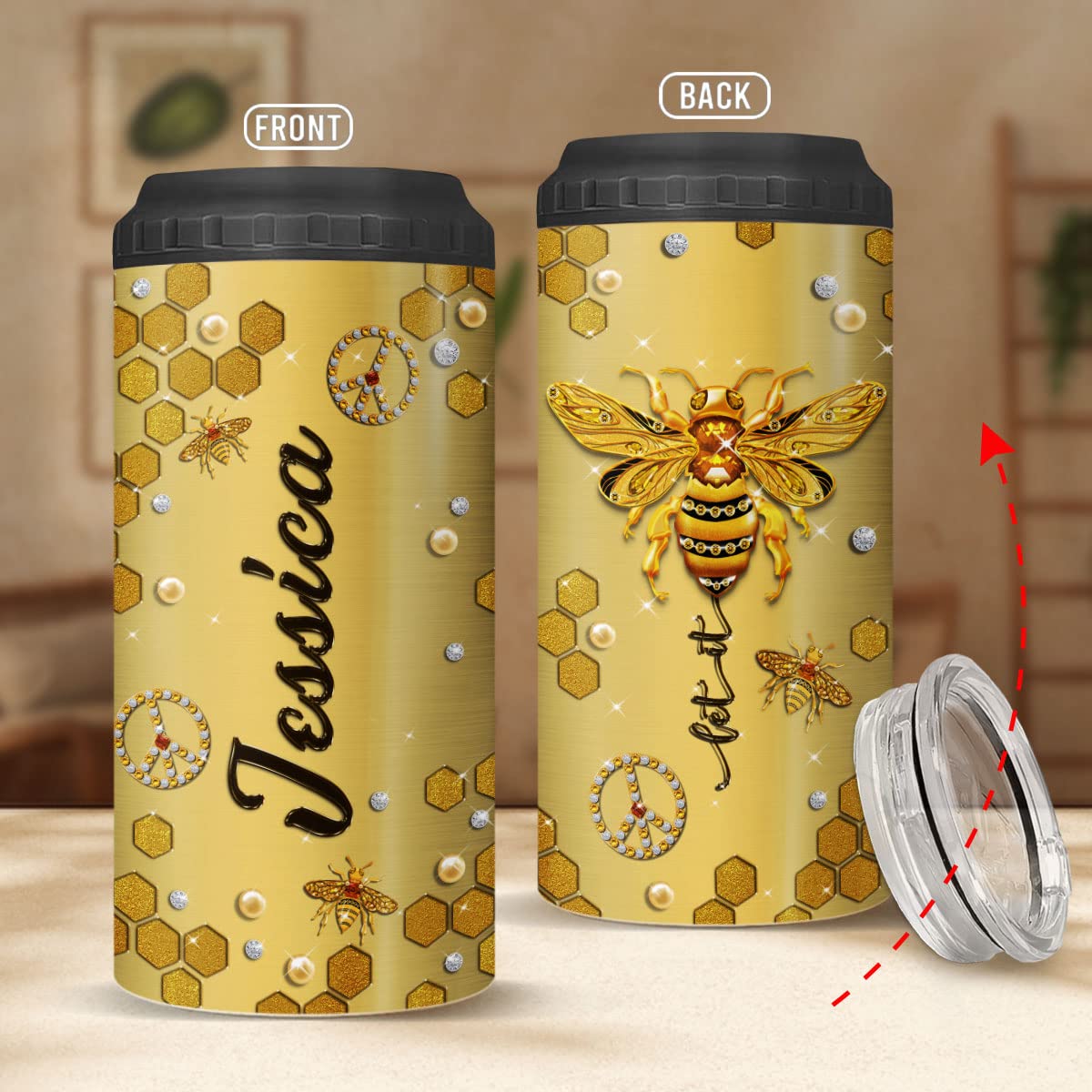 ZOXIX Personalized Can Cooler Let It Bee Gifts For Bee Lovers Women Jewelry Style Stainless Steel Tumbler Insulated Can Holder Travel Cup 16 Oz 4-in-1 Hippie Bee Themed Items