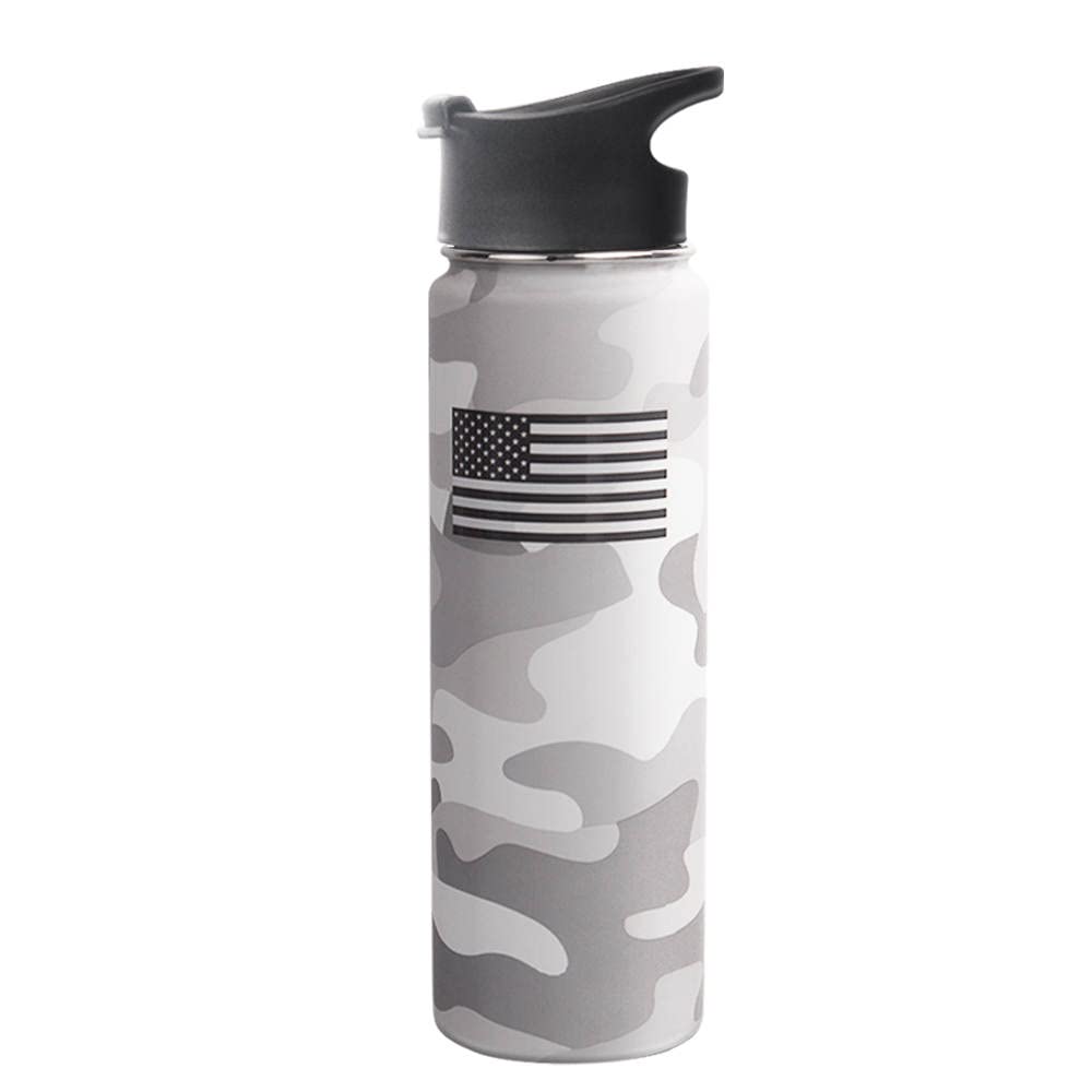 USA Collection 24 oz Stainless Steel Water Bottle - Double-Walled, Vacuum-Sealed, Leak-Proof Lid - Hot or Cold Hydration for Sports, Travel, and Everyday Use - White Multicam Pattern