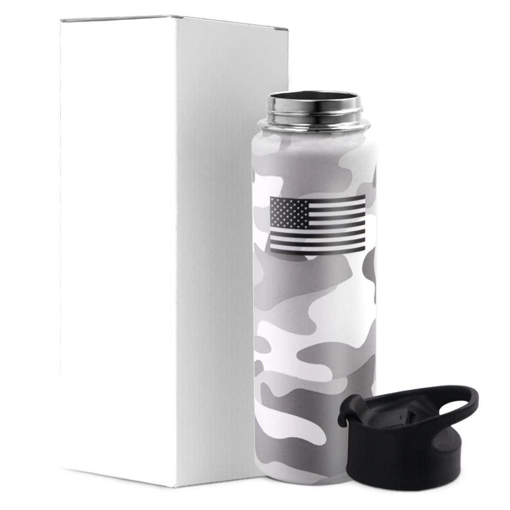 USA Collection 24 oz Stainless Steel Water Bottle - Double-Walled, Vacuum-Sealed, Leak-Proof Lid - Hot or Cold Hydration for Sports, Travel, and Everyday Use - White Multicam Pattern