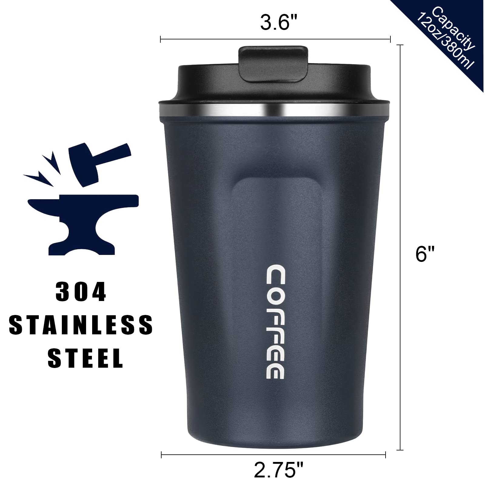 PHREKUDA Travel Mug Coffee Mug Coffee Tumbler with Seal Lid Spill Proof 12oz Stainless Steel Vacuum Insulated for Hot and Cold Coffee Tea Gifts for Birthday/Thanksgiving/Christmas (Blue 01, 1 Pack)