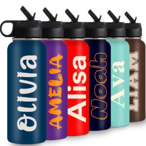 personalized kids water bottle for school, 18 oz custom name insulated water bottles with straw, stainless steel reusable waterbottle gifts for girls boys men women - color clash