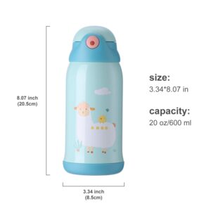 UPSTYLE 20oz Kids Stainless Steel Water Bottle with Straw Insulated Cup Vacuum 5 Walled Thermal Tumbler, Animals Flask Travel Mug for School Lunch(sheep)