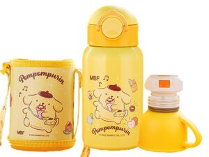 everyday delights sanrio pom pom purin stainless steel insulated water bottle with cup, straw and bag 500ml - yellow (pn2140)