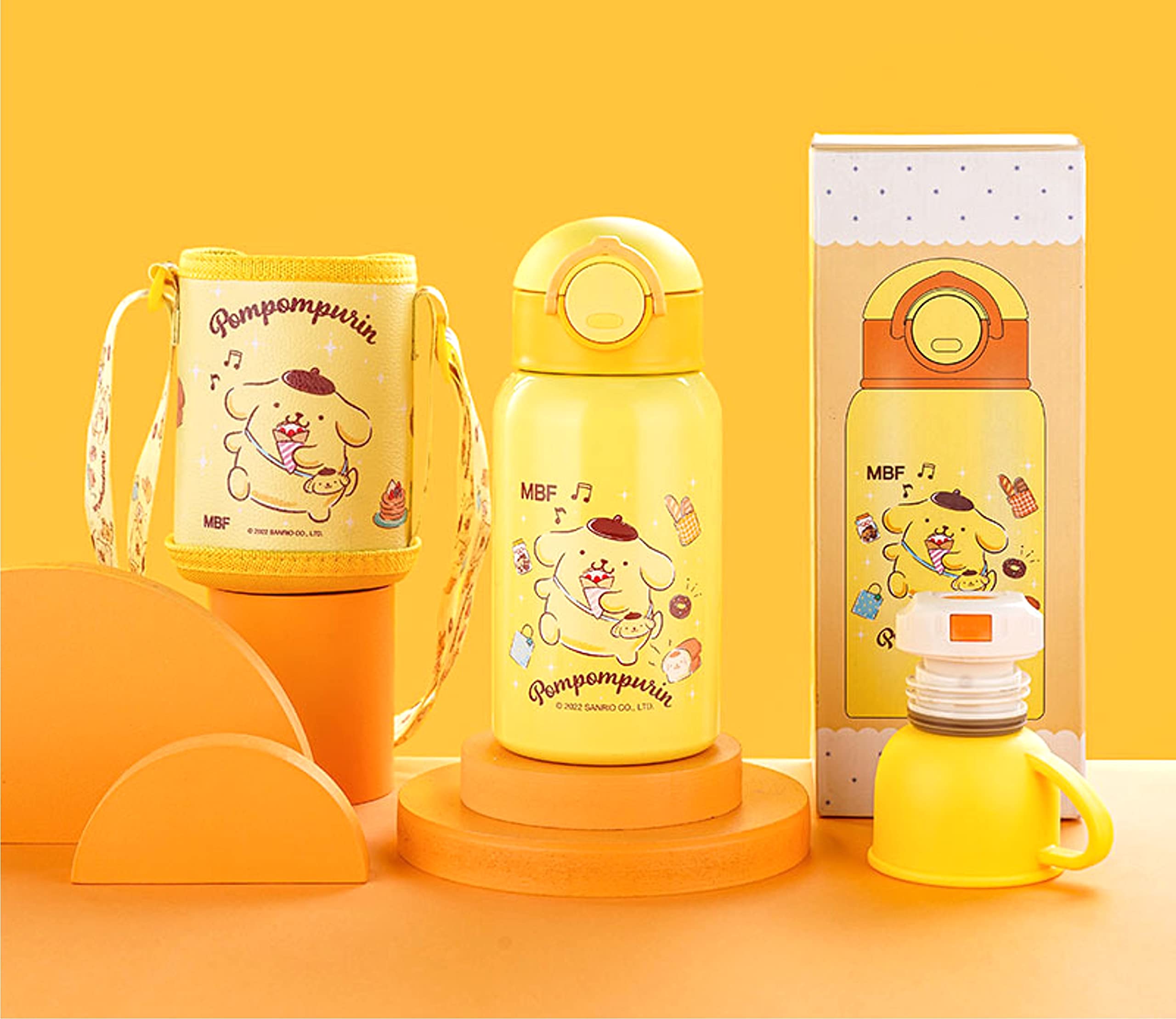 Everyday Delights Sanrio Pom Pom Purin Stainless Steel Insulated Water Bottle with Cup, Straw and Bag 500ml - Yellow (PN2140)