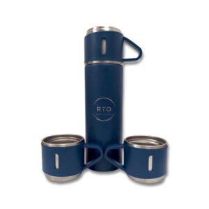 rto original coffee thermos set with 3 cups, stainless steel insulated flask 500ml/16oz for hot & cold drinking, also includes protection box for portability (blue)