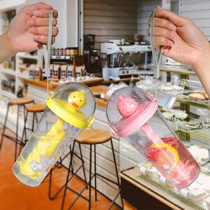 Cute Water Bottles with Straw, Kawaii Shaker Bottle Transparent Creative Bear Duck Pig Cat Handy Cup with Action-Rod for School Kids Girls with Hand Strap & Stickers, 500ML Yellow