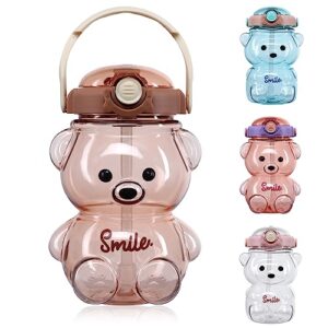 water bottle bear smile large water bottles with straw and strap for kids school sports daily life milk tea juice travel drinking bottled water cute portable leakproof (brown)