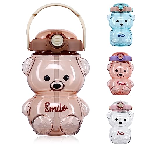 Water Bottle Bear Smile Large Water Bottles With Straw and Strap for Kids School Sports Daily Life Milk Tea Juice Travel Drinking Bottled Water Cute Portable Leakproof (Brown)