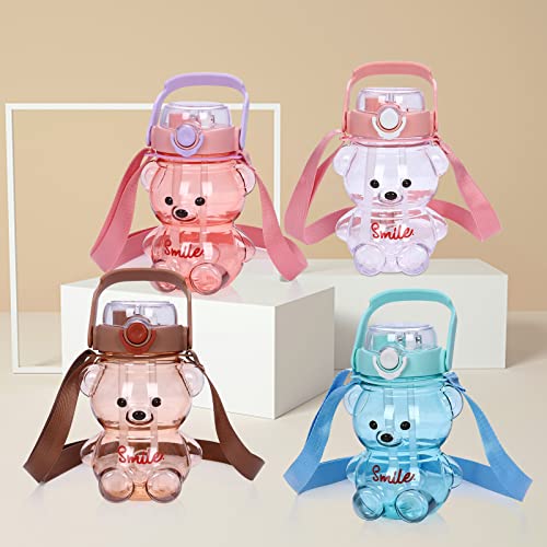 Water Bottle Bear Smile Large Water Bottles With Straw and Strap for Kids School Sports Daily Life Milk Tea Juice Travel Drinking Bottled Water Cute Portable Leakproof (Brown)