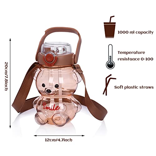 Water Bottle Bear Smile Large Water Bottles With Straw and Strap for Kids School Sports Daily Life Milk Tea Juice Travel Drinking Bottled Water Cute Portable Leakproof (Brown)