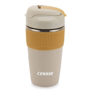 censhi 15 oz stainless steel insulated tumbler with flip lid and straw,vacuum insulated travel coffee cup for hot and cold drinks,1 pack,lemon yellow