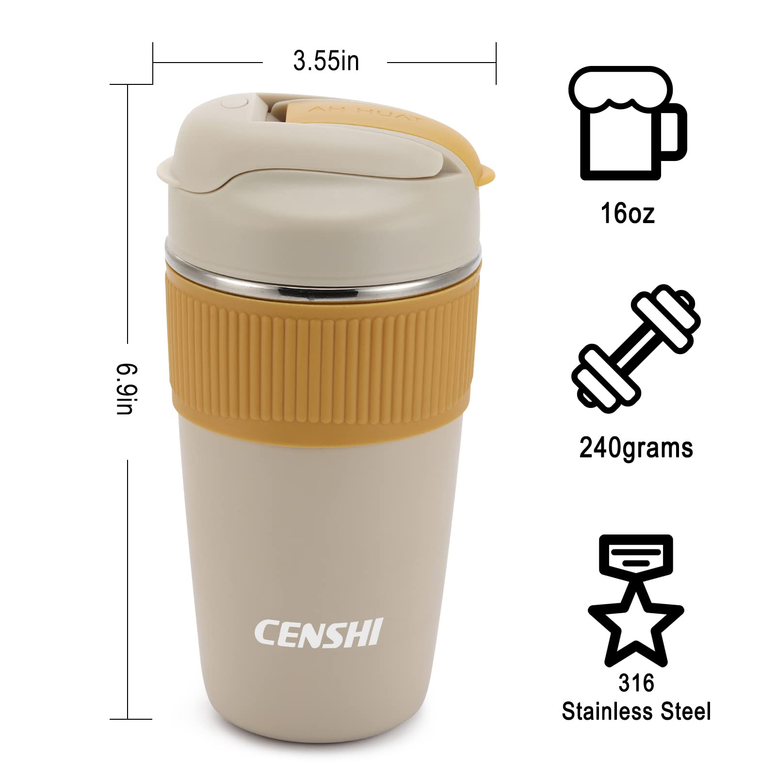 CENSHI 15 oz Stainless Steel Insulated Tumbler with Flip lid and straw,Vacuum Insulated Travel Coffee Cup for Hot and Cold Drinks,1 Pack,Lemon Yellow