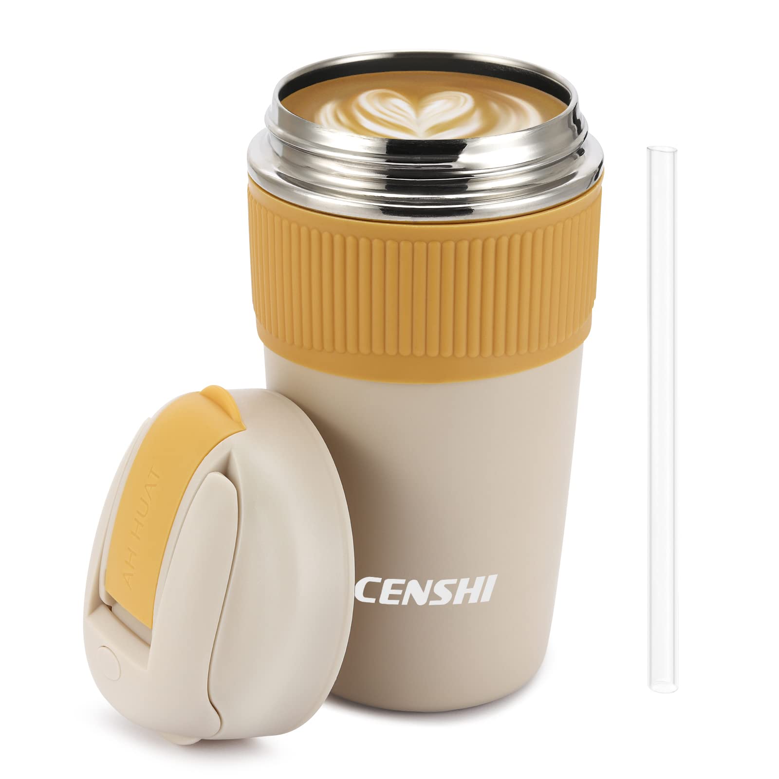 CENSHI 15 oz Stainless Steel Insulated Tumbler with Flip lid and straw,Vacuum Insulated Travel Coffee Cup for Hot and Cold Drinks,1 Pack,Lemon Yellow