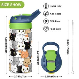 MCHIVER Cute Cat Kitten Cartoon Kids Water Bottle with Straw Insulated Stainless Steel Kids Water Bottle Thermos for School Girls Boys Reusable Tumbler 12 oz / 350 ml Green Top