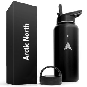 arctic north sports bottle (simple black, 32oz / ¼ gallon) + 2 lid - cold or hot - wide mouth - double wall water bottle with straw - vacuum-insulated stainless steel - water flask - thermo canteen