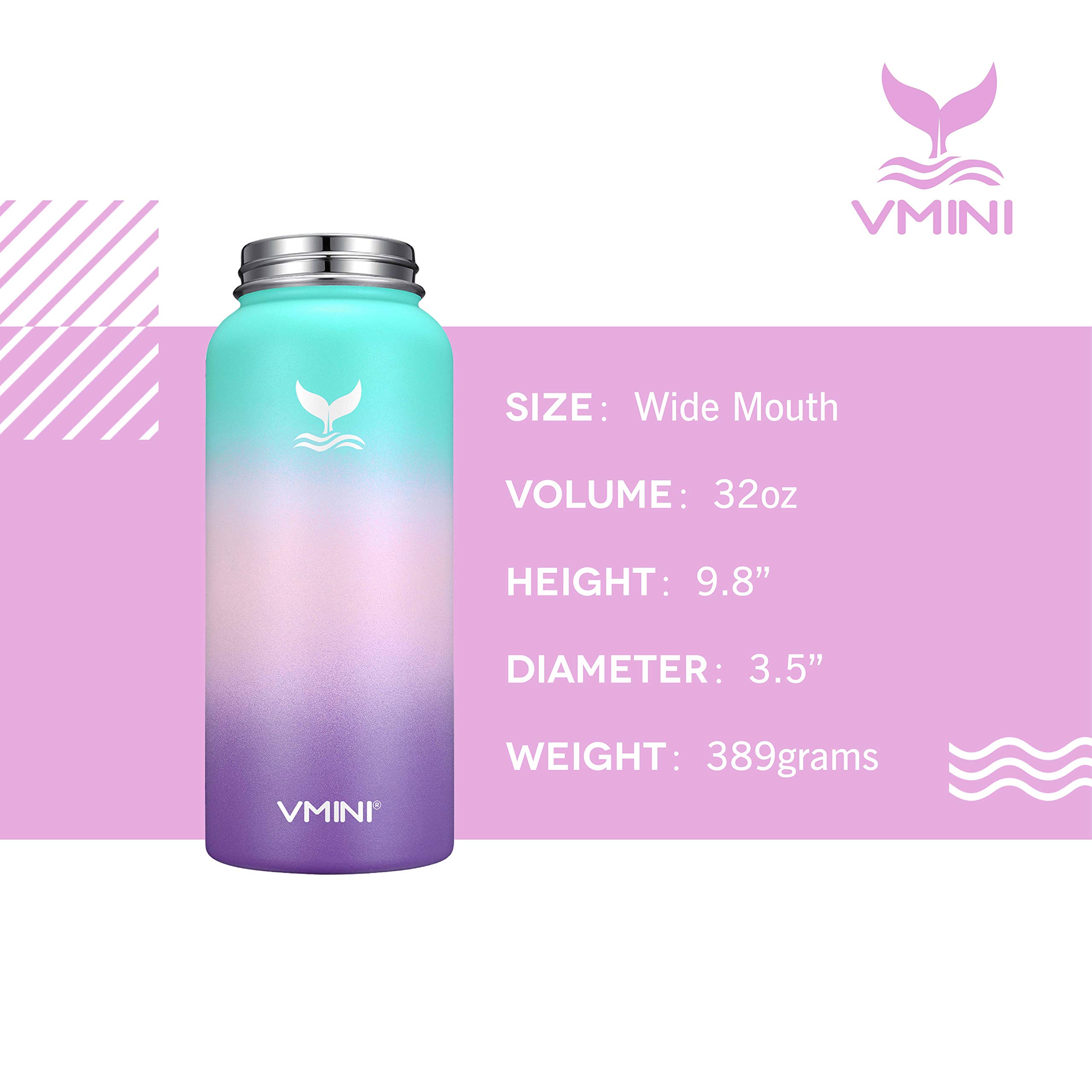 Vmini Water Bottle with New Wide Handle Straw Lid, Wide Mouth Vacuum Insulated 18/8 Stainless Steel, 4 Straws and 2 Brushes, 32 oz, Gradient Mint + Pink + Purple