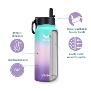 Vmini Water Bottle with New Wide Handle Straw Lid, Wide Mouth Vacuum Insulated 18/8 Stainless Steel, 4 Straws and 2 Brushes, 32 oz, Gradient Mint + Pink + Purple