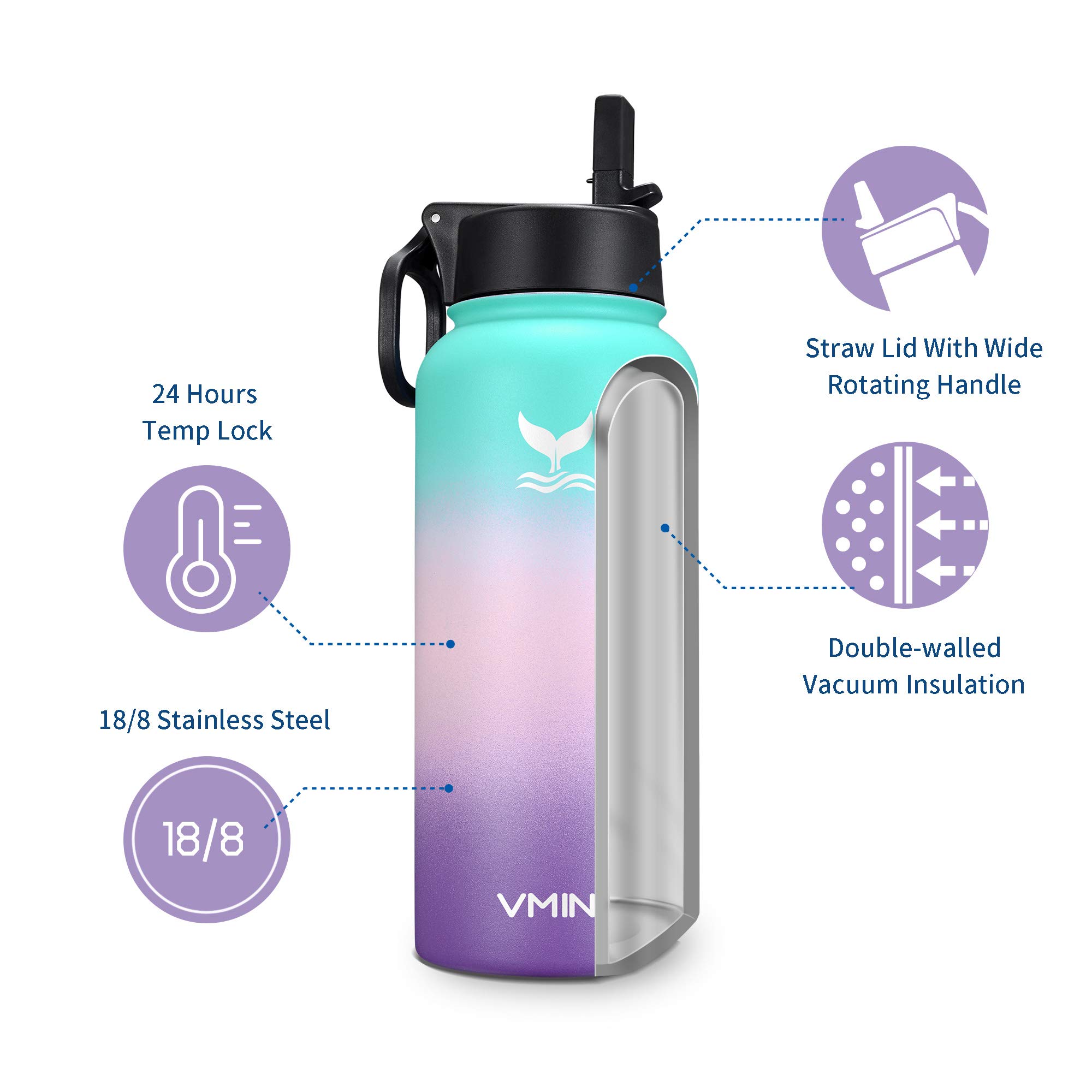 Vmini Water Bottle with New Wide Handle Straw Lid, Wide Mouth Vacuum Insulated 18/8 Stainless Steel, 4 Straws and 2 Brushes, 32 oz, Gradient Mint + Pink + Purple