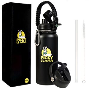 picky llama sports water bottle - 32oz, 2 lids (straw & spout), paracord handle, leak proof, vacuum insulated stainless steel, double walled, 24 hours cold, 12 hours hot, reusable (32oz, black)