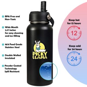 Picky Llama Sports Water Bottle - 32oz, 2 Lids (Straw & Spout), Paracord Handle, Leak Proof, Vacuum Insulated Stainless Steel, Double Walled, 24 Hours Cold, 12 Hours Hot, Reusable (32oz, Black)