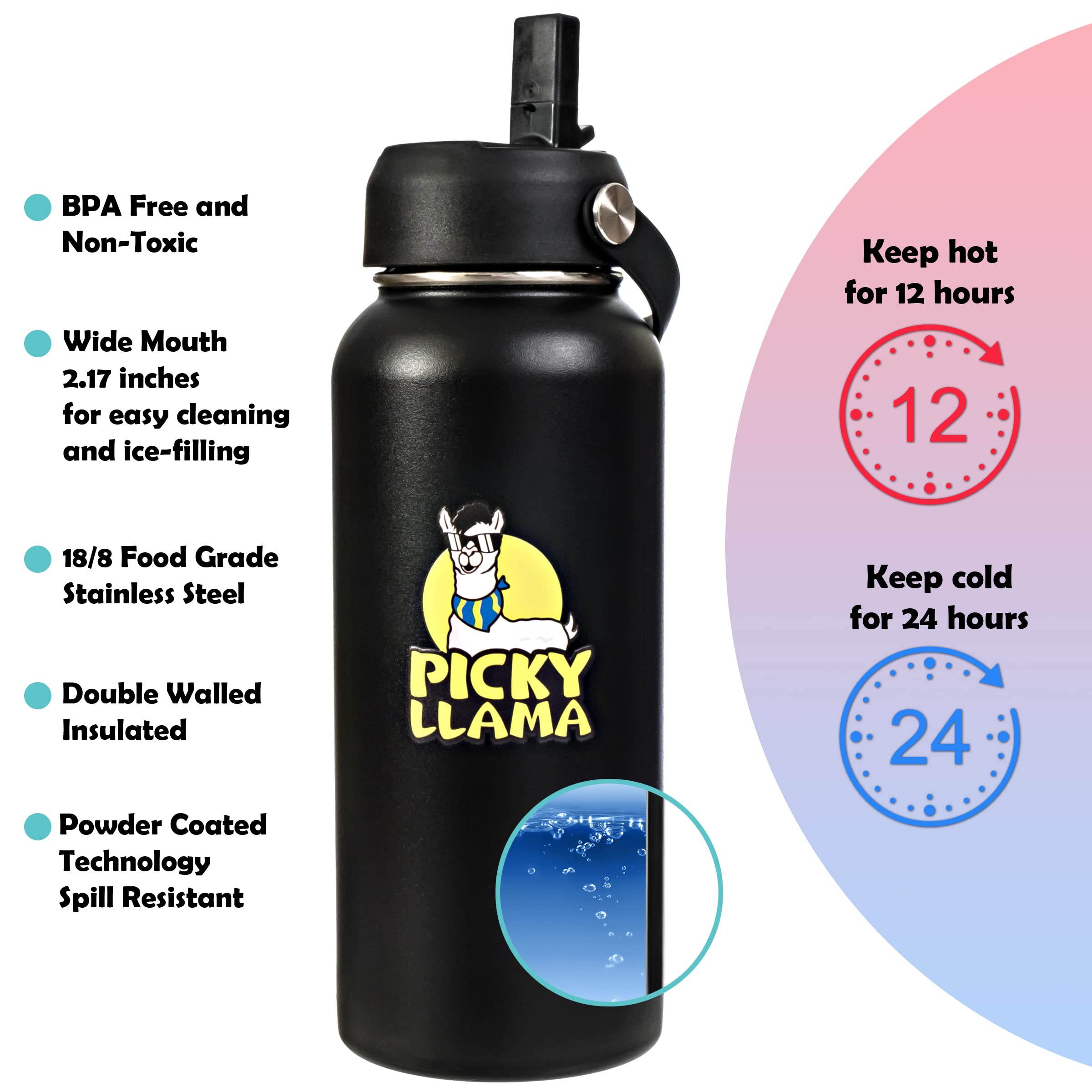 Picky Llama Sports Water Bottle - 32oz, 2 Lids (Straw & Spout), Paracord Handle, Leak Proof, Vacuum Insulated Stainless Steel, Double Walled, 24 Hours Cold, 12 Hours Hot, Reusable (32oz, Black)