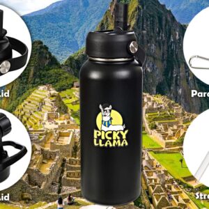 Picky Llama Sports Water Bottle - 32oz, 2 Lids (Straw & Spout), Paracord Handle, Leak Proof, Vacuum Insulated Stainless Steel, Double Walled, 24 Hours Cold, 12 Hours Hot, Reusable (32oz, Black)