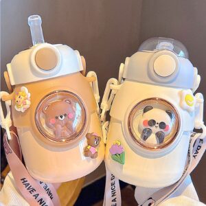 FEUSEUZ Kawaii Water Bottle Cute Spacecraft Doll Water Bottle Shoulder Strap Stainless Steel Hot and Cold Water Bottles (Coffee,700ml)