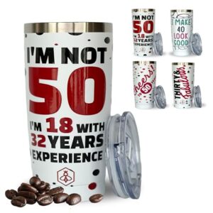 biddlebee 50th birthday gifts women travel coffee mug w/slider lid | 20oz spill proof stainless steel insulated cup | 50 year old birthday gifts | funny 50th birthday gift ideas | 50 and fabulous