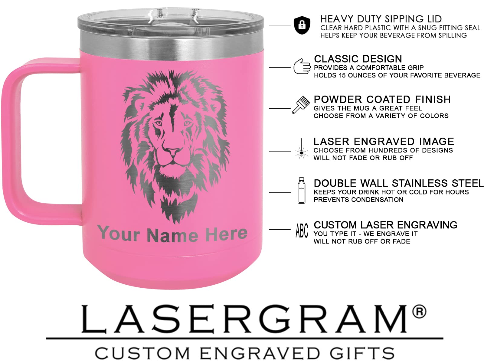 LaserGram 15oz Vacuum Insulated Coffee Mug, Princess Crown, Personalized Engraving Included (Pink)