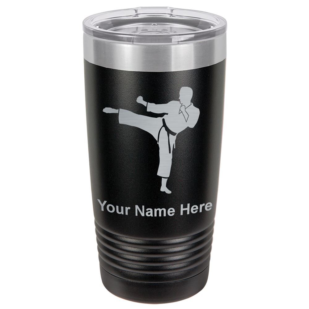 LaserGram 20oz Vacuum Insulated Tumbler Mug, Karate Man, Personalized Engraving Included (Black)