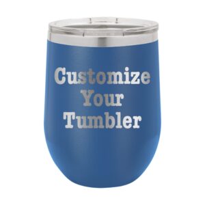your name text engraved, stainless steel tumbler, customized cups, double insulated mug hot cold drink with lid, straw option - 16 different colors (12 oz wine, personalize name, royal blue)