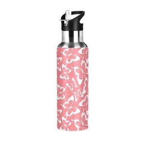 water bottle with straw lid 20oz pink butterfly reusable vacuum insulated stainless steel water bottles, leak proof, bpa-free.