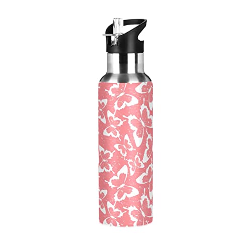 Water Bottle with Straw Lid 20oz Pink Butterfly Reusable Vacuum Insulated Stainless Steel Water Bottles, Leak Proof, BPA-Free.