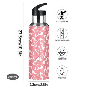 Water Bottle with Straw Lid 20oz Pink Butterfly Reusable Vacuum Insulated Stainless Steel Water Bottles, Leak Proof, BPA-Free.