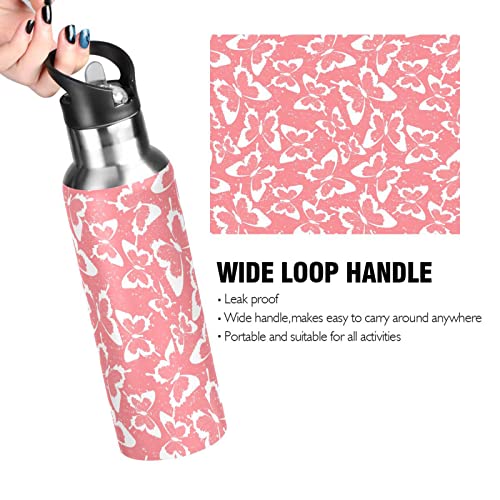 Water Bottle with Straw Lid 20oz Pink Butterfly Reusable Vacuum Insulated Stainless Steel Water Bottles, Leak Proof, BPA-Free.