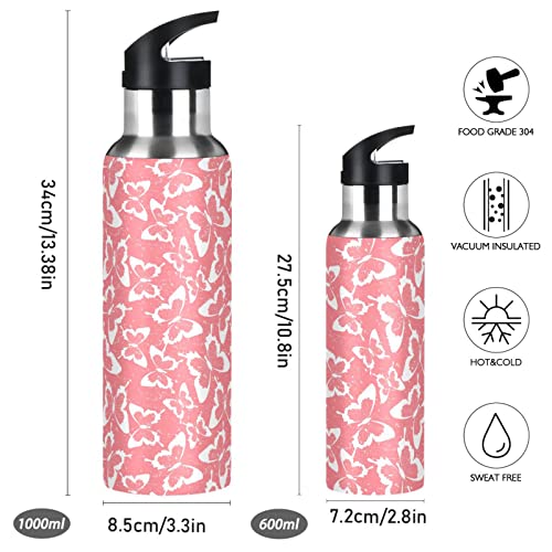 Water Bottle with Straw Lid 20oz Pink Butterfly Reusable Vacuum Insulated Stainless Steel Water Bottles, Leak Proof, BPA-Free.