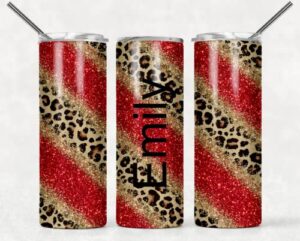 personalized insulated 20oz tumbler | stainless steel insulated cup | travel cup | double wall coffee cup for hot and cold drinks | red glitter animal print leopard gold glitter effect