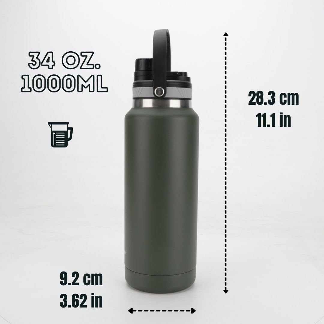 Water Bottle Thermos, 34 oz Flip Top Leakproof Lid, Ozizo Insulated Stainless Steel Water Bottle