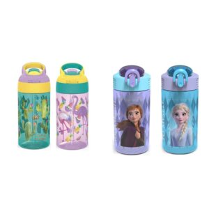 zak designs 16oz riverside desert life and disney frozen 2 kids water bottles with straws and built in carrying loops, 4pc set