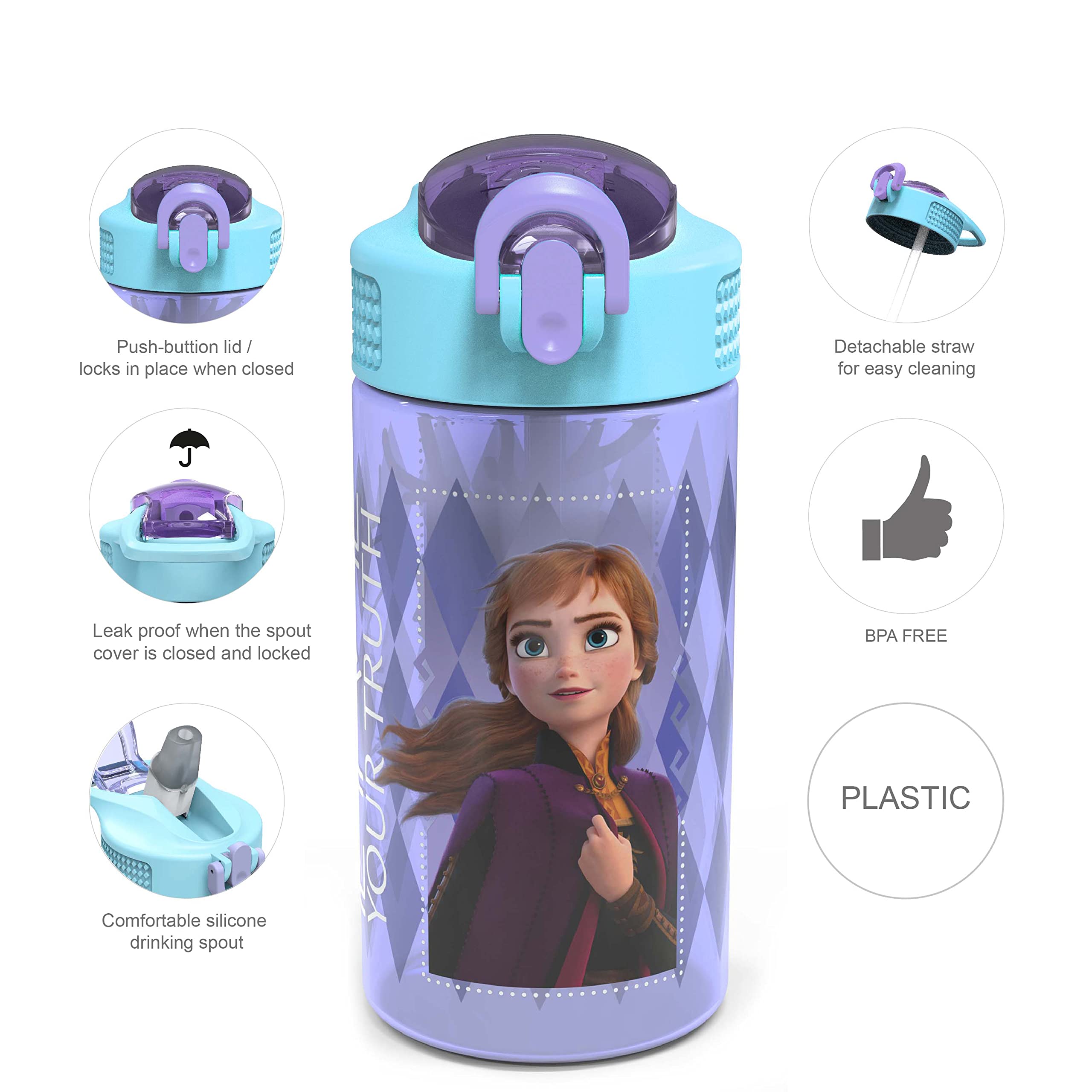 Zak Designs 16oz Riverside Desert Life and Disney Frozen 2 Kids Water Bottles with Straws and Built in Carrying Loops, 4pc Set