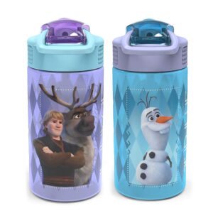 Zak Designs 16oz Riverside Desert Life and Disney Frozen 2 Kids Water Bottles with Straws and Built in Carrying Loops, 4pc Set