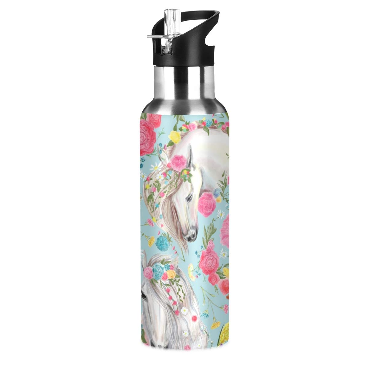 OREZI Horse And Flower Water Bottle Thermos with Straw Lid for Boys Girls,600 ml,Leakproof Stainless-Steel Sports Bottle for Women Men Teenage