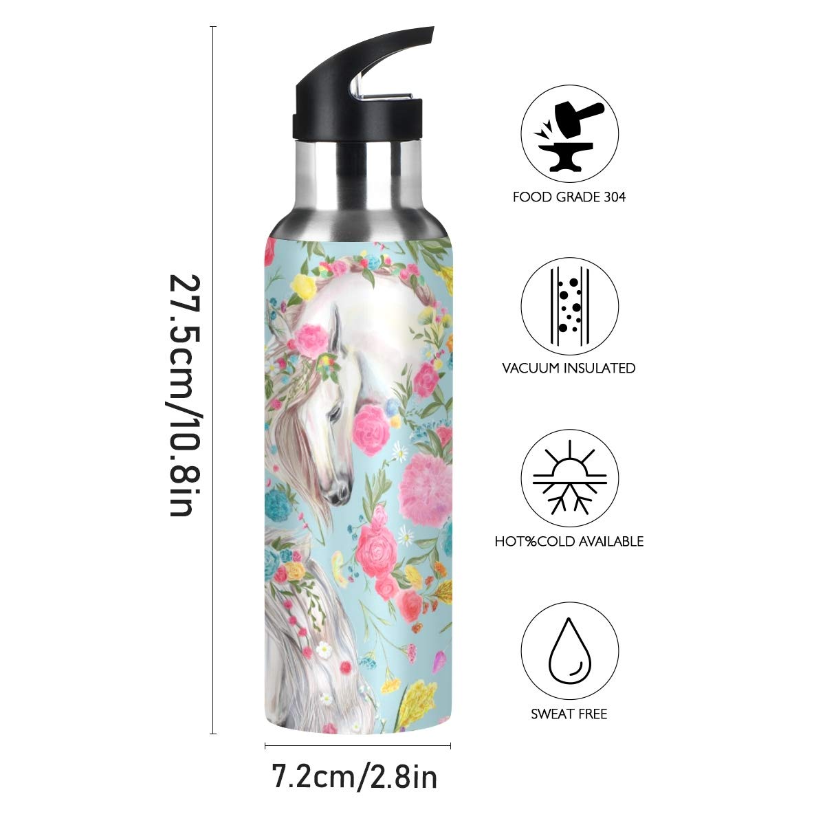 OREZI Horse And Flower Water Bottle Thermos with Straw Lid for Boys Girls,600 ml,Leakproof Stainless-Steel Sports Bottle for Women Men Teenage