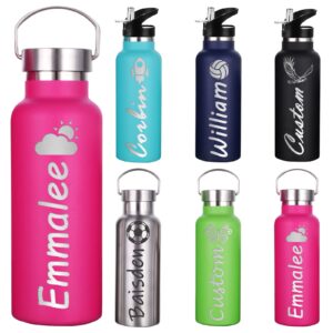 Personalized Water Bottles with Straw, Custom Insulated Water Bottle Engraved Name Text for Women Men Girls Boys-12oz/26oz