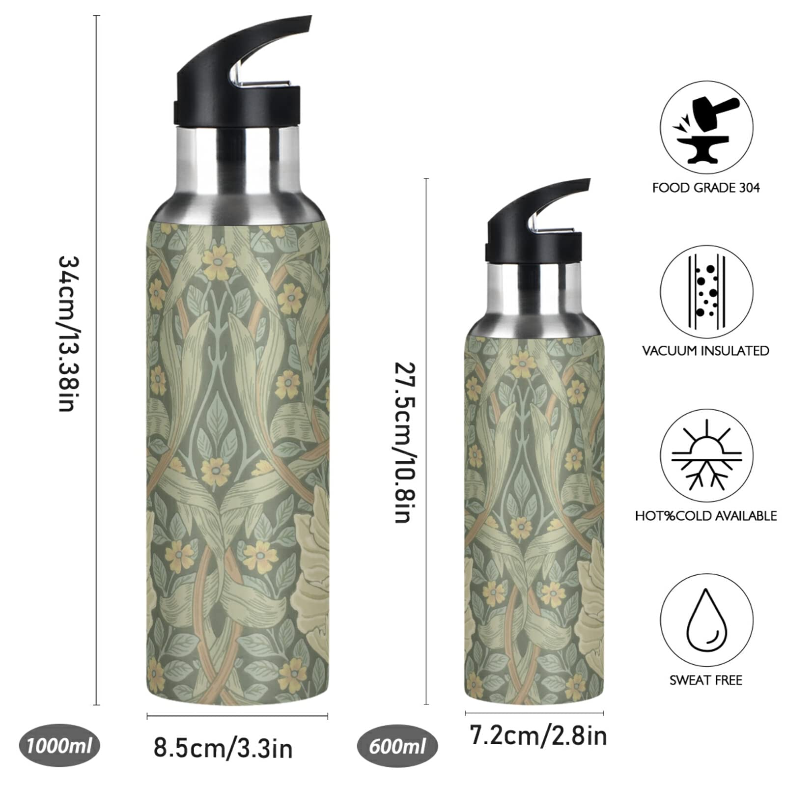 ALAZA William Morris Water Bottle with Straw Lid Vacuum Insulated Stainless Steel Thermo Flask Water Bottle 20oz 2