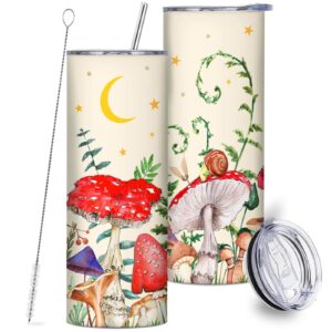 mushroom skinny tumbler gifts, 20 oz straight tumbler with straw & lid mug double wall vacuum insulated mushrooms cup, water tea bottle coffee tumblers gift for women men teen birthday anniversary